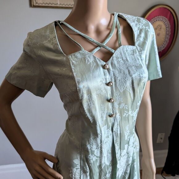 Vintage 90s Sarah Richards Maxi Dress Sage Green Floral Embossed Cottagecore 11 - Picture 13 of 14